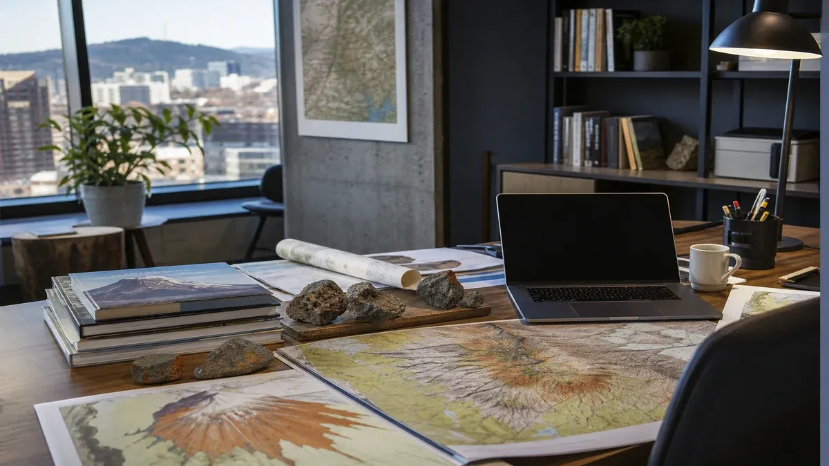 Volcanic landscape editorial research scene with geological maps